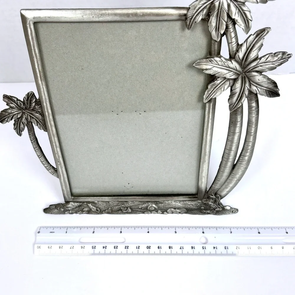 Vtg 90s Pewter Tone Tropical Beach Photo Frame Palm Trees Seashells Coastal 4x6